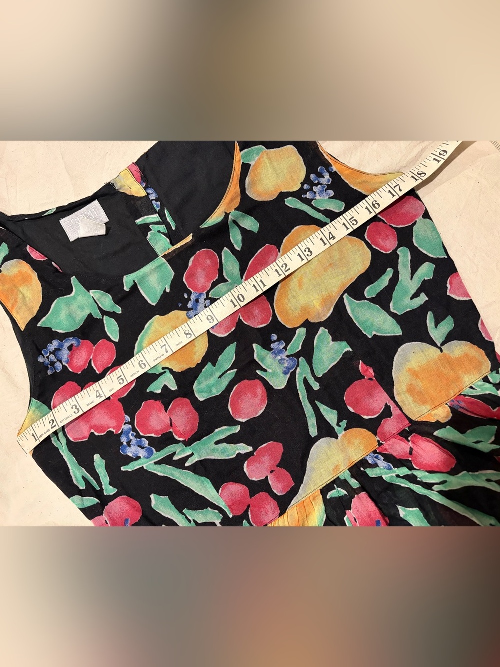 Vintage 90s Esprit Black Midi Dress with Multicolor Fruit and Floral Print - Picture 4 of 6
